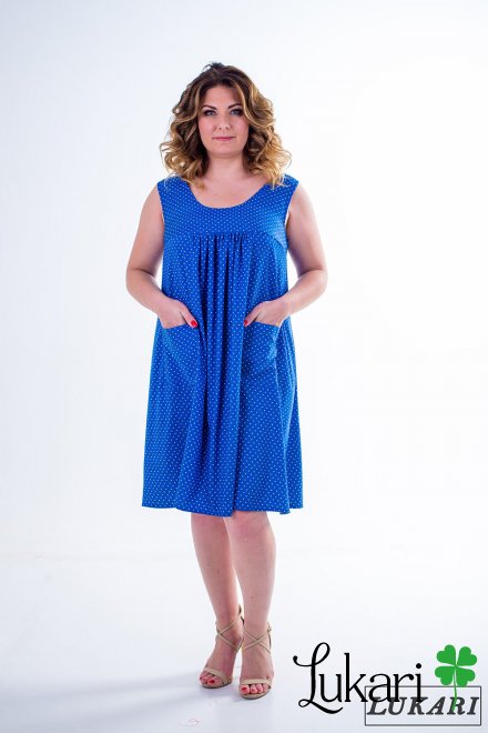 Платье большого размера синее в горох, коттон Lukari 0136-3