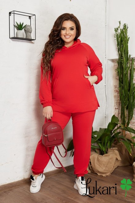 Жіночий спортивний костюм великого розміру червоний, двунитка НТФВ 3422-5