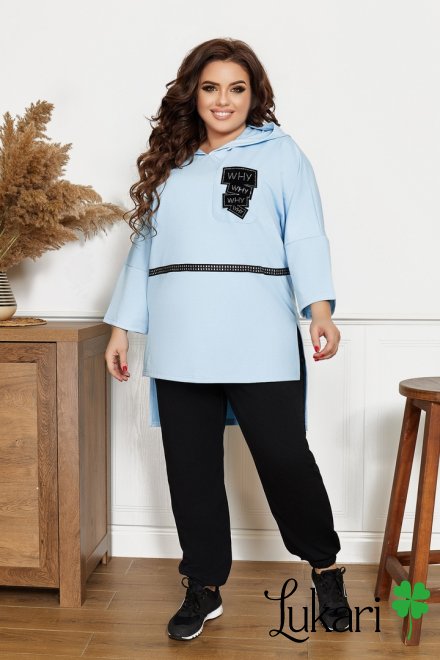 Спортивный костюм женский большого размера чёрно-голубой, двухнитка НТФВ 3414-1