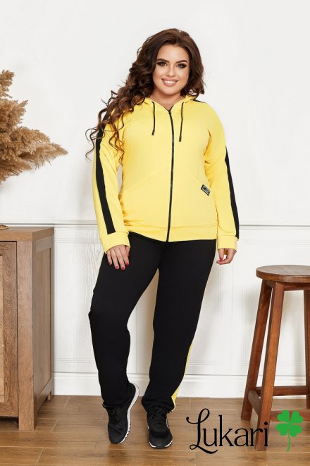 Жіночий спортивний костюм великого розміру чорно-жовтий, двунитка НТФВ 3423-1