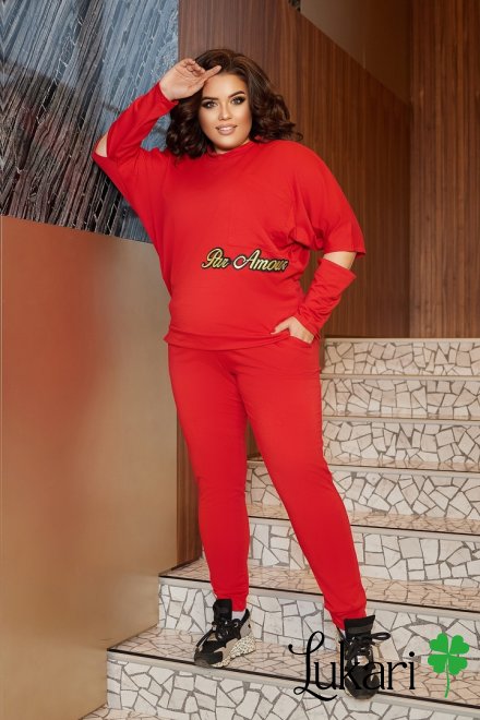 Жіночий спортивний костюм великого розміру червоний, двунитка ДМДК 373-2