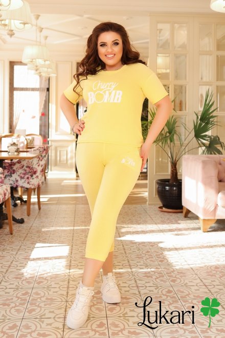 Жіночий спортивний костюм великого розміру жовтий, двунитка ДМЛК 608-3