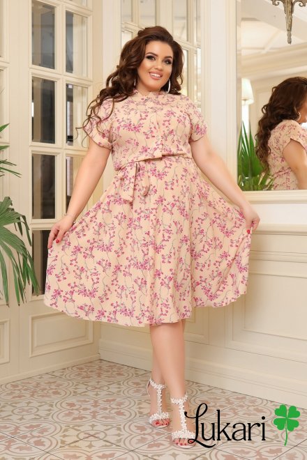 Платье большого размера бежевое с цветами, софт ДМЛК 073-1
