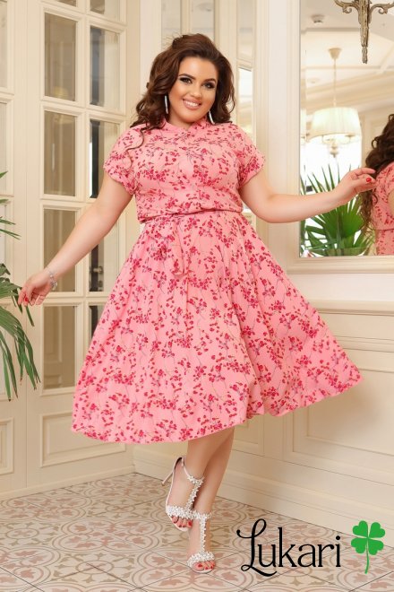 Платье большого размера розовое цветочное, софт ДМЛК 073-3