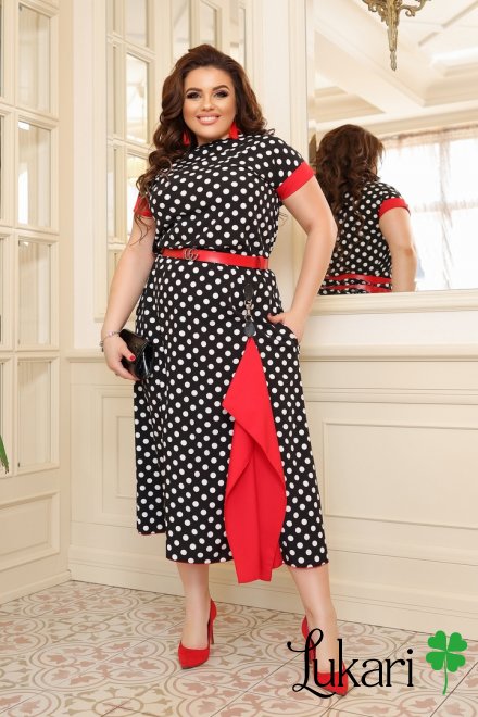 Платье большого размера черно-красный горох, софт ДМЛК 084-2