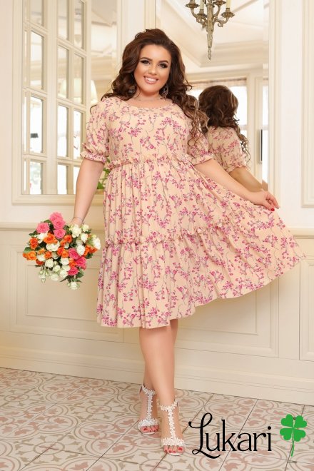 Платье большого размера цветочное бежевое, софт ДМЛК 7703-1
