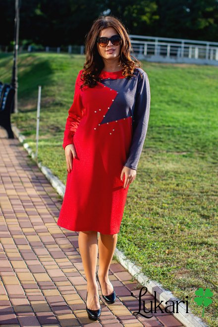 Платье большого размера красное комбинированное, креп-дайвинг Lukari 0149-4