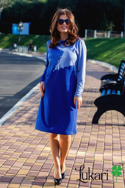 Платье большого размера синее комбинированное, креп-дайвинг Lukari 0149-5
