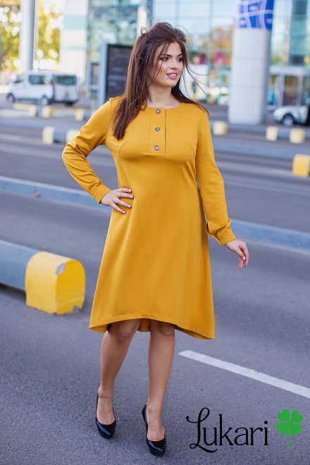 Платье большого размера однотонное желтое, джерси Lukari 0150-2