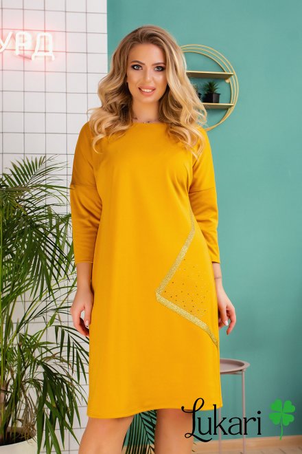 Платье большого размера однотонное желтое, джерси Lukari 0161-2