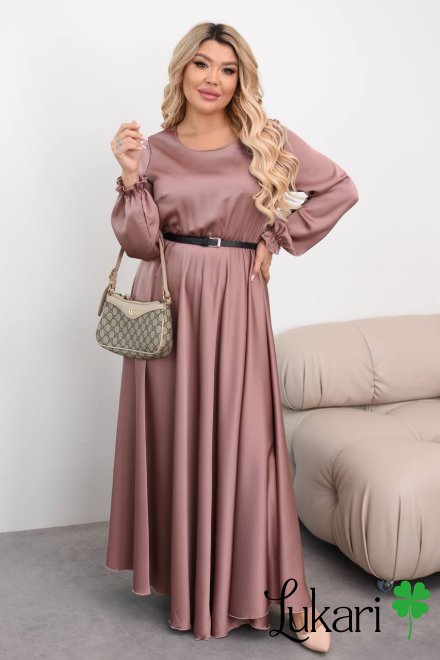 Довга сукня з королівського шовку мокко з поясом, великі розміри ДМЛК 4475-3