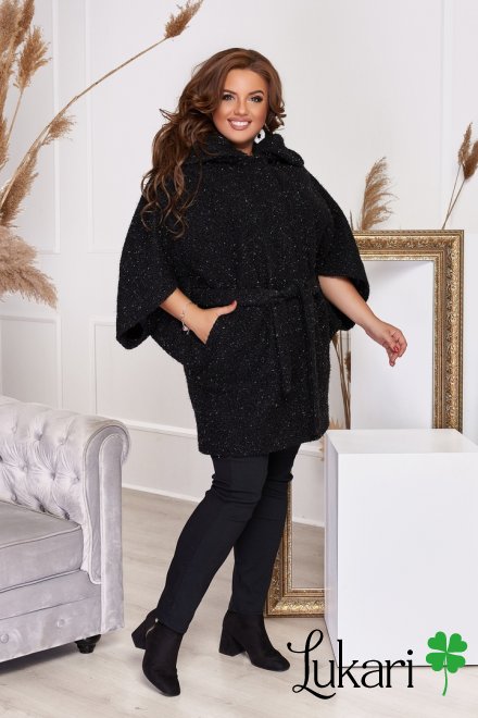 Жіноче пальто великого розміру чорне, букле-баранчик люрекс НТФВ 3370-6