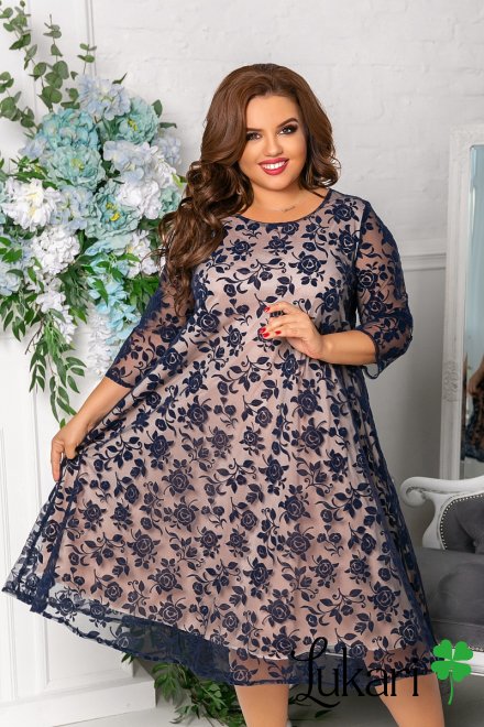 Платье  большого размера вечернее цветочное на темно-синем фоне ЛДКН 1044-3