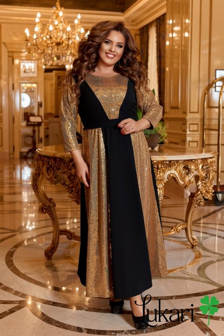 Платье большого размера удлиненное черно-золотое, креп-дайвинг ДМЛК 1223-1
