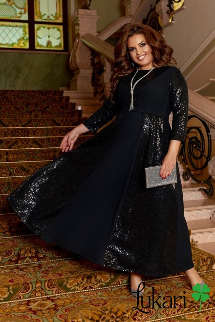 Платье большого размера вечернее черное удлиненное, креп-дайвинг ДМЛК 1223-3