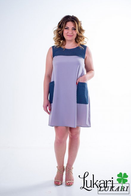 Платье большого размера светло-серое комбированное, софт Lukari 0139-1