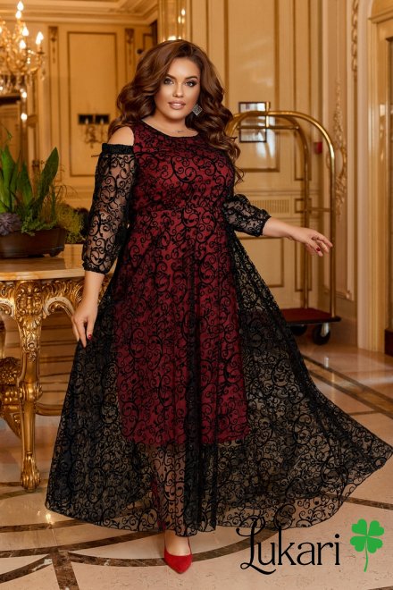 Платье большого размера черно-красное, сетка флок ДМЛК 4478-1