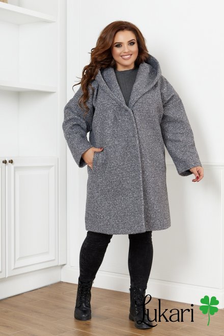 Женское пальто большого размера серое, букле НТФВ 3386-1