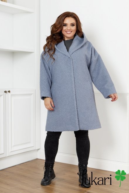 Женское пальто большого размера голубое, букле НТФВ 3386-2