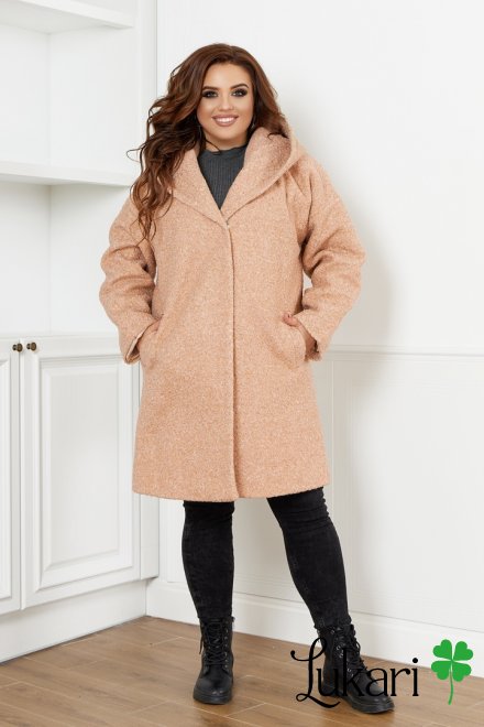 Жіноче пальто великого розміру абрикосове, букле НТФВ 3386-4