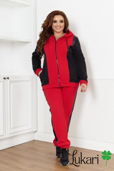 Спортивний костюм жіночий великого розміру червоний, трьохнитка на флісі НТФВ 3393-3