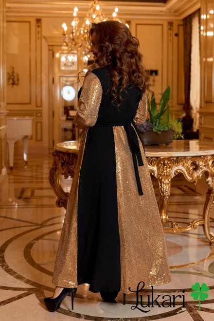 Платье большого размера удлиненное черно-золотое, креп-дайвинг ДМЛК 1223-1