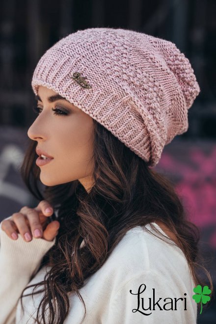 Женская вязаная шапка розовый-меланж, шерсть и акрил ШАУГ 6022-1