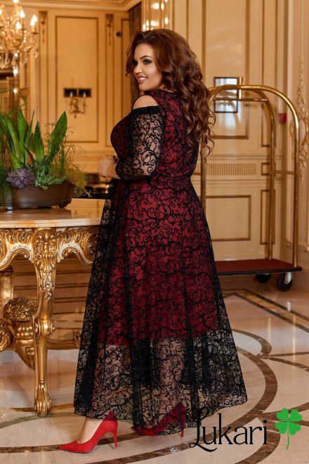 Платье большого размера черно-красное, сетка флок ДМЛК 4478-1