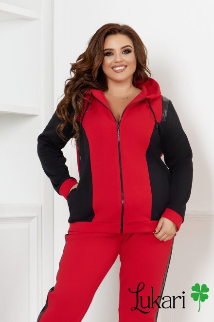 Спортивный костюм женский большого размера красный, трехнить на флисе НТФВ 3393-3