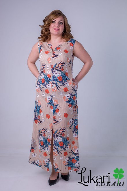Платье большого размера цветочное бежевое, софт Lukari 0127-1