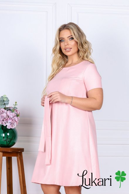 Платье большого размера с поясом персиковое, креп-костюмка Lukari 0188-1