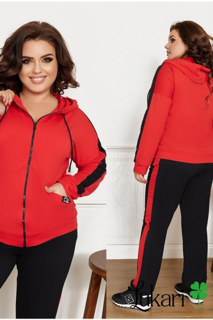 Жіночий спортивний костюм великого розміру червоно-чорний, двунитка НТФВ 3423-3