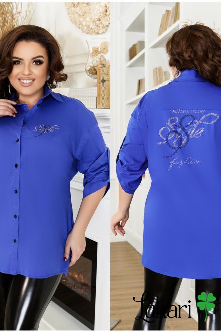 Рубашка большого размера удлиненная синяя, стрейч-коттон НТФВ 3429-6