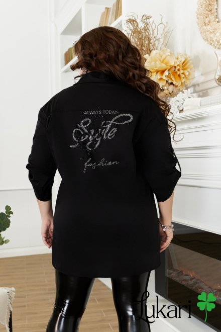 Рубашка большого размера удлиненная чёрная, стрейч-коттон НТФВ 3429-7