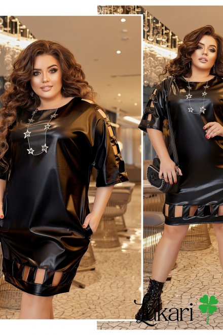 Платье большого размера черное, эко-кожа ДМЛК 716-2