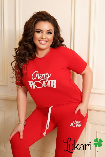 Жіночий спортивний костюм великого розміру червоний, двунитка ДМЛК 608-4