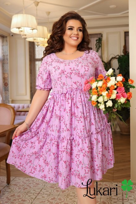 Платье большого размера цветочное сиреневое, софт ДМЛК 7703-4