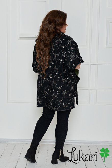 Кардиган-пончо жіночий великого розміру чорний, кашемір з бежевою вишивкою НТФВ 3331-1