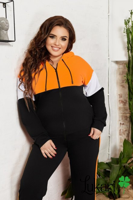 Женский спортивный костюм большого размера черно-оранжевый, двухнитка НТФВ 3410-4