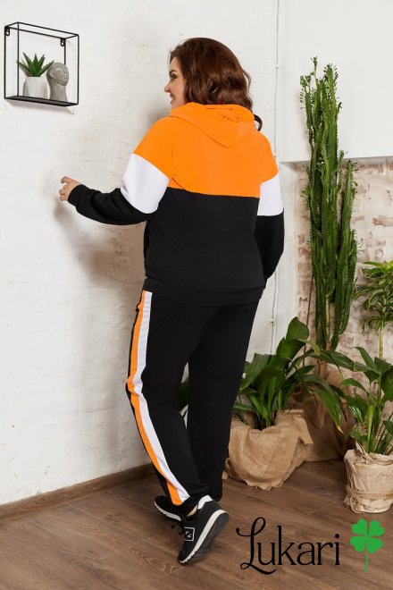 Жіночий спортивний костюм великого розміру чорно-помаранчевий, двунитка НТФВ 3410-4