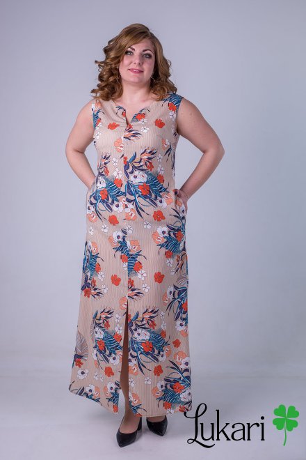 Сукня великого розміру квіткова бежева, софт Lukari 0127-1