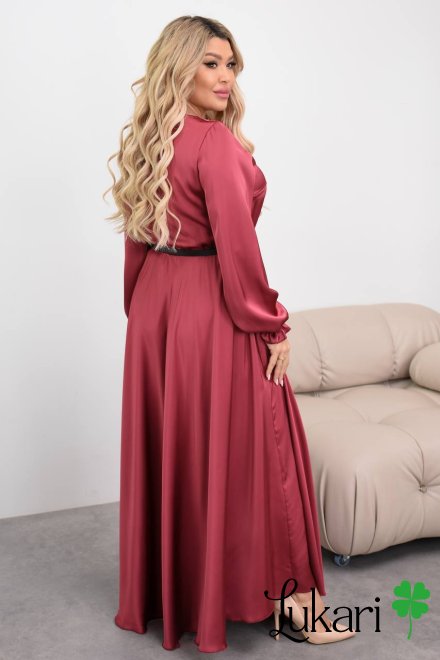 Довга сукня з королівського шовку бордо з поясом, великі розміри ДМЛК 4475-1