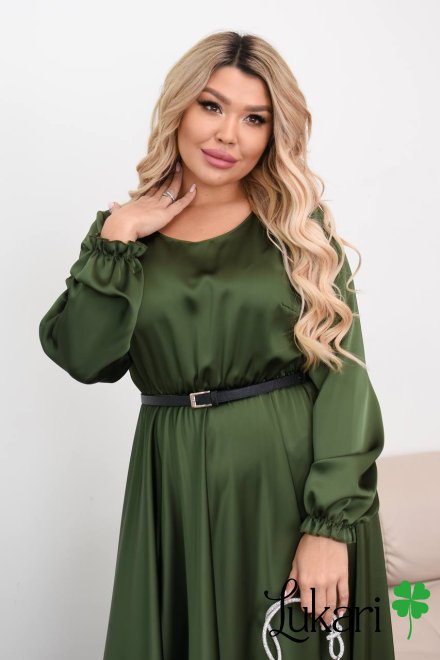 Длинное платье из королевского шелка хаки с поясом, большие размеры ДМЛК 4475-2