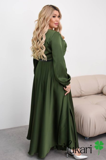 Длинное платье из королевского шелка хаки с поясом, большие размеры ДМЛК 4475-2