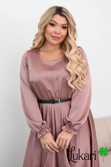Довга сукня з королівського шовку мокко з поясом, великі розміри ДМЛК 4475-3