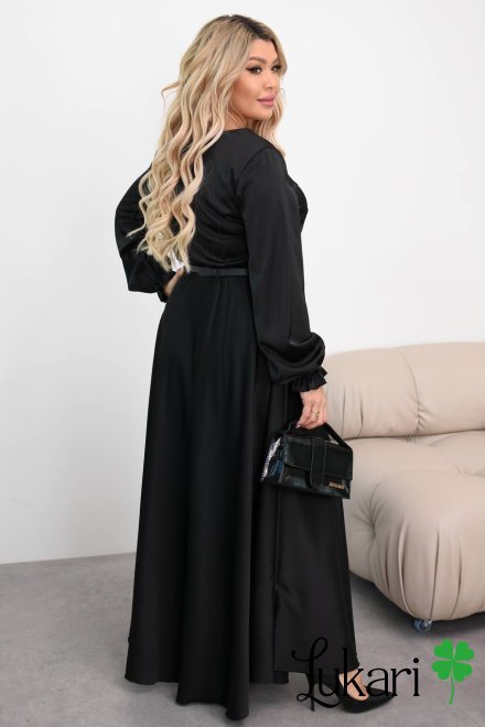 Довга сукня з королівського шовку чорне з поясом, великі розміри ДМЛК 4475-4