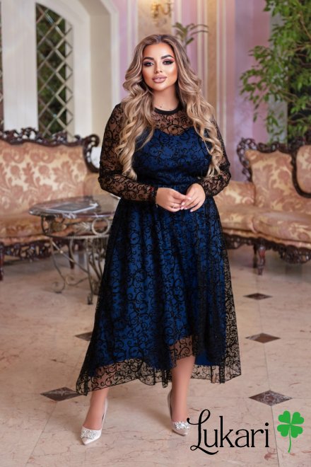 Сукня вечірня синя, сітка флок ДМЛК 9780-3