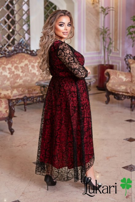 Платье вечернее красное, сетка флок ДМЛК 9780-4