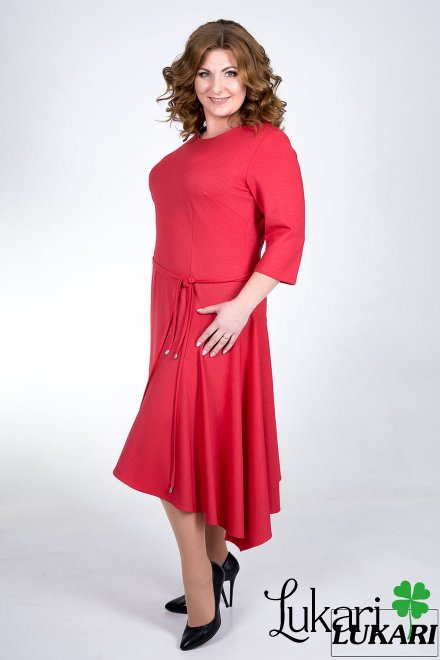 Платье большого размера красное ассимитричное, креп-дайвинг Lukari 0106-1 