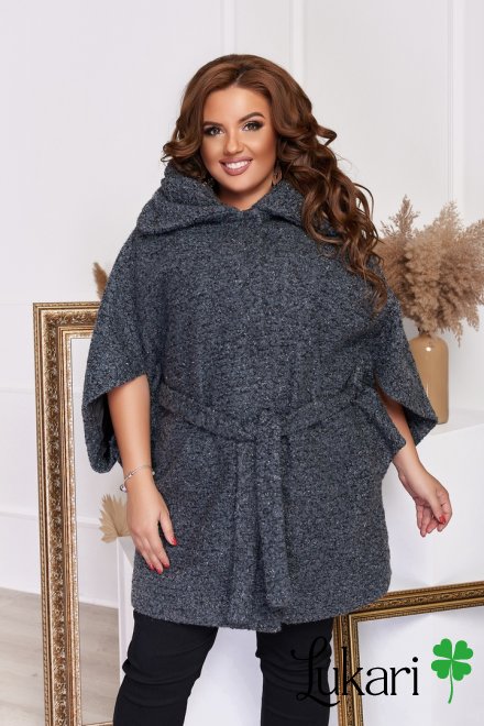 Женское пальто большого размера серое, букле-барашек люрекс НТФВ 3370-1